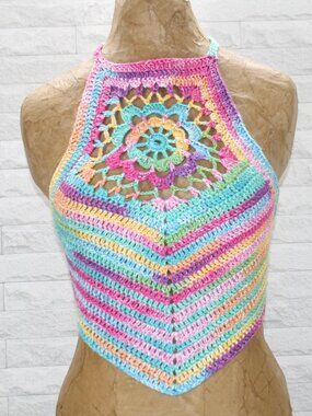 HAND CRAFTED Crop Top Crochet Halter Bikini Multicolor Rainbow Cotton Various
